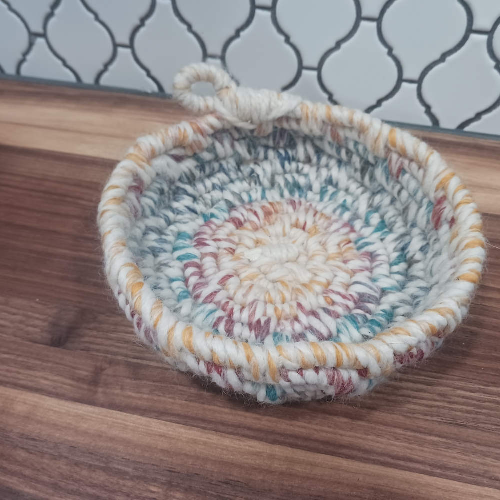 Handcrafted Small Coil Wrapped Bowl. Cream with Teal, Mustard & Mauve Accents